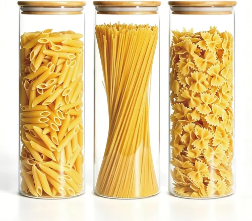 Miniatura 10 de MOLFUJ Contenedor de almacenamiento de vidrio de 18.6 fl oz / 18 onzas líquidas con tapa de madera, organizador decorativo transparente apilable