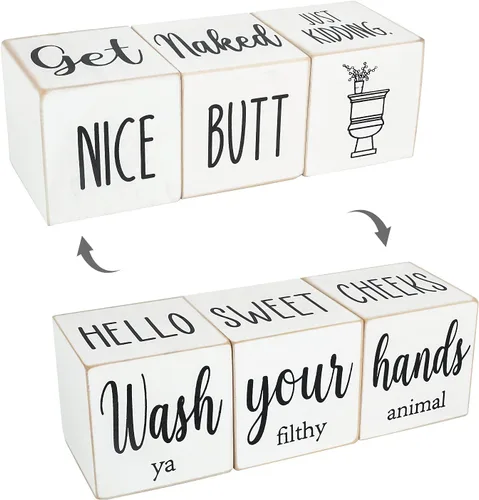 Divertidos accesorios y decoración de baño de granja para estante, bloques de madera de 4 lados - Letreros de "Nice Butt" y "Get Naked" y "Hello