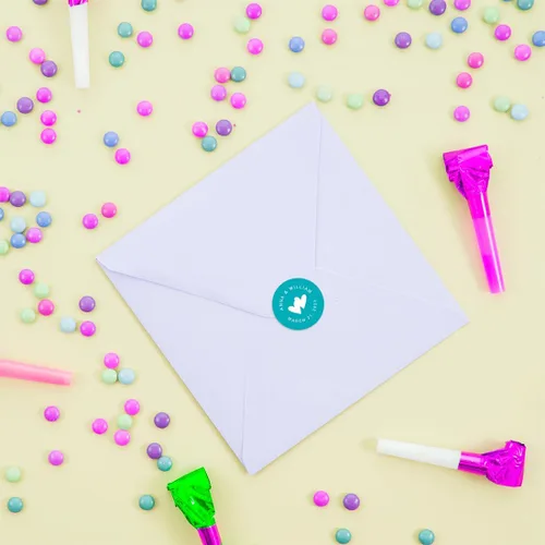 Miniatura 4 de Andaz Press Etiquetas personalizadas de gota de chocolate para boda, nombres y fecha redondos, turquesa aguamarina, paquete de 240, personalizadas