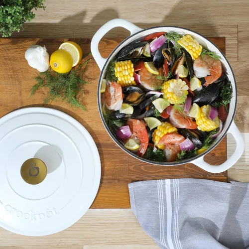 Miniatura 2 de Crock Pot Artisan - Olla holandesa redonda esmaltada europea de 6 cuartos de galón con tapa - Blanco lino mate con perilla dorada Blanco de lino