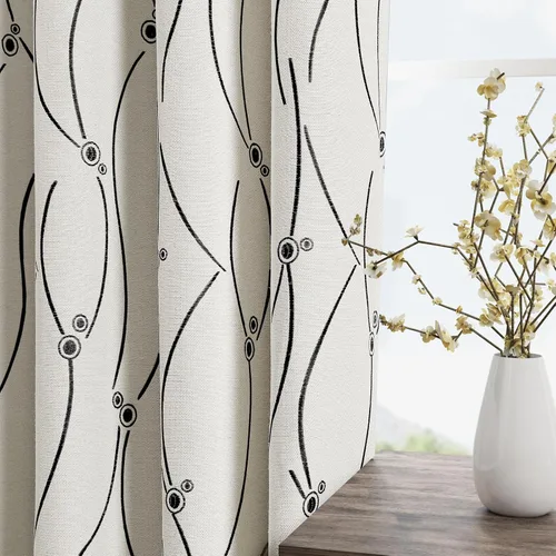 Miniatura 2 de Joywell Cortinas jacquard con ojales para sala de estar, 108 pulgadas de largo, línea ondulada negra con patrón de puntos, cortinas bordadas