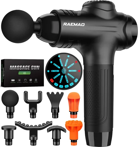 RAEMAO Pistola de masaje, masajeador muscular de tejido profundo eléctrico de mano para atletas para aliviar el dolor con 8 cabezales de repuesto,