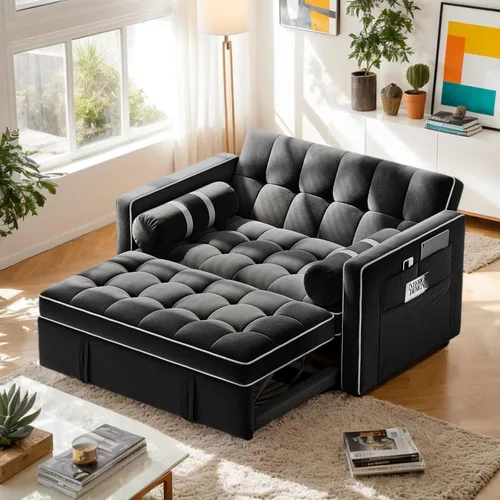 Pipishell - Sofá cama convertible 3 en 1, sofá cama extraíble para sala de estar con puertos USB y bolsillos laterales, respaldo ajustable, de Negro