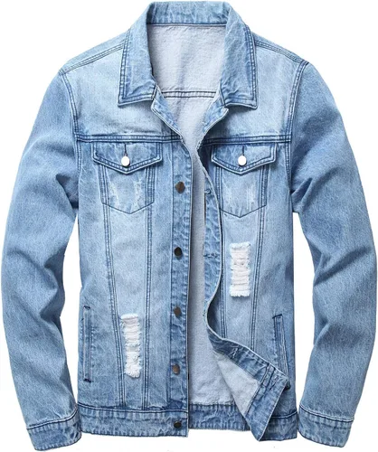 Miniatura 18 de LAMKUKU Chaqueta de mezclilla para hombre rasgada ajustada, abrigo de chaqueta vaquera para hombres