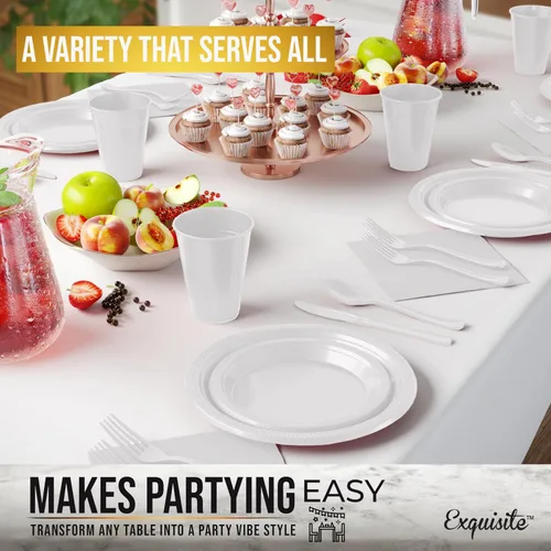 Miniatura 4 de Party Solids 350 Piezas Platos de Plástico Blanco Para Fiestas, Juego de Platos Desechables Blancos, 50 de Cada Juego de Platos para Cena de 9