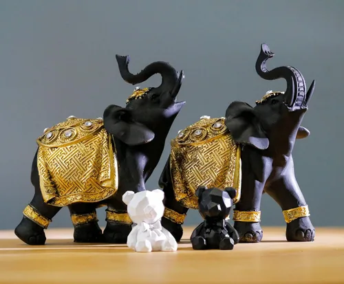 Miniatura 7 de Juego de decoración de elefante de la suerte con troncos – Feng Shui resina negro y dorado pareja elefante figuritas – Par de estatuas de elefantes