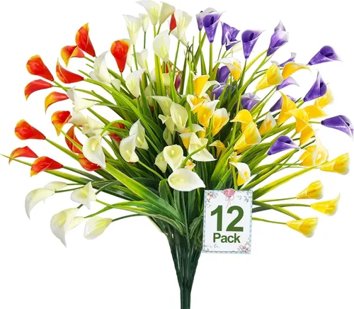 TURNMEON 12 paquetes de flores artificiales de lirio de cala (240 cabezas), plantas falsas para exteriores, plantas falsas resistentes a los rayos