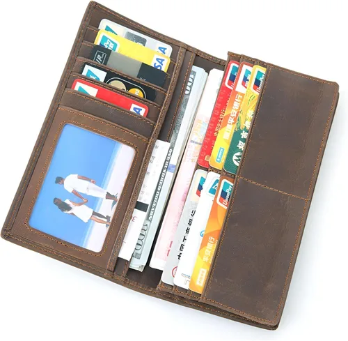 Miniatura 7 de Cartera larga para hombre, doble pliegue, piel de vaca de grano superior, estampado de cocodrilo, múltiples ranuras para tarjetas., Marrón, Vogue