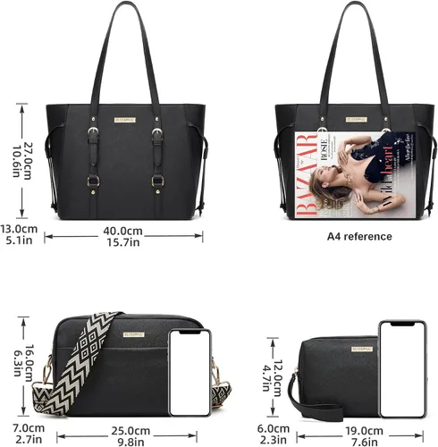 Miniatura 197 de Juego de 4 bolsas modernos para mujer de cuero sintético: bolso tote, bolso de hombro, bolso de mano y cartera.