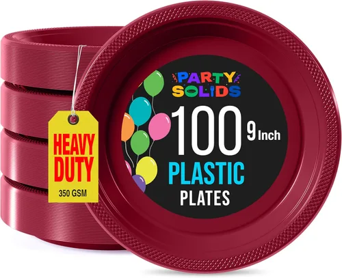 Miniatura 30 de Exquisitos platos de plástico rojo Party Solids para fiesta, platos desechables rojos de 9 pulgadas, juego de vajilla de plástico resistente, 100