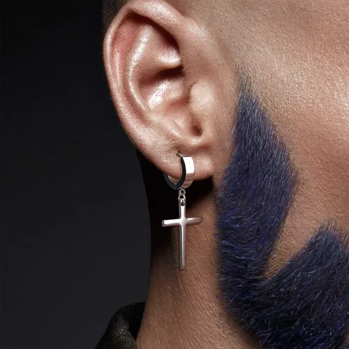 Miniatura 5 de Juego de aretes de cruz de acero inoxidable para hombre y mujer, aretes colgantes con bisagras, aretes de aro cruzados
