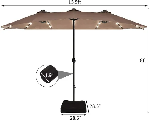 Miniatura 5 de Tangkula Sombrilla solar de patio de 15 pies con base, sombrilla individual extragrande de doble cara para exteriores con 36 luces LED y manivela