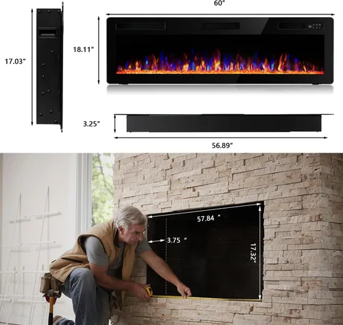 Miniatura 8 de Vitesse Chimenea eléctrica ultrafina de 60 pulgadas, con bisel estrecho, calentador de chimenea lineal empotrado en la pared, control remoto
