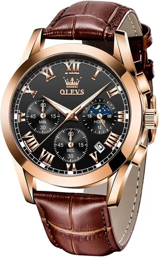 Miniatura 24 de OLEVS - Relojes para hombre, de cuero marrón, caja dorada, analógico, de cuarzo, de moda, para negocios, reloj de vestir, con fecha, luminoso