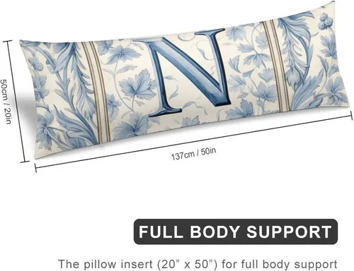 Miniatura 2 de Funda de almohada con monograma rústico de color azul suave con inicial N Body de 20 x 54 pulgadas, funda de almohada floral personalizada
