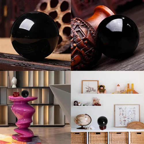 Miniatura 6 de JIC Gem Pequeña esfera de obsidiana negra con soporte de madera para decoración de cristal de curación Fengshui, bola de meditación (55 mm, 2.2")