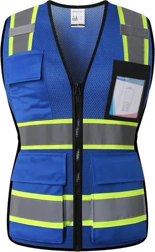 Miniatura 8 de Chaleco de seguridad para mujer, chaleco de alta visibilidad con 8 bolsillos y cremallera frontal, chaleco reflectante de malla que cumple