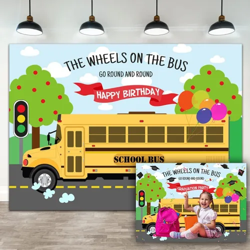 Lofaris Telón de fondo de feliz cumpleaños, las ruedas en el autobús, gira y vuelta, autobús de regreso a la escuela, cumpleaños para niños y niñas,