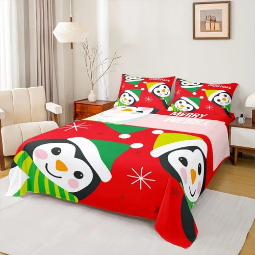 Miniatura 29 de Manfei Juego de sábanas de Feliz Navidad, tamaño individual, diseño rústico de pinos de dibujos animados, decoración de habitación de niños
