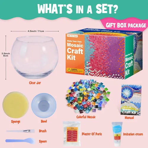 Miniatura 3 de Kit de portavelas de mosaico de vidrio, kits de mosaico de bricolaje para adultos y manualidades para niñas de 8 a 12 años, artes y manualidades