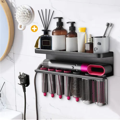 Soporte de almacenamiento Airwrap compatible con Dyson Airwrap rizador montado en la pared para organizador del hogar (con peine), color negro