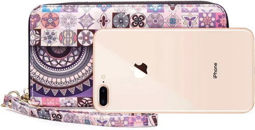 Miniatura 77 de Cartera de mano para mujer, estilo bohemio, con RFID, elegante, espaciosa con correa para viajes, capacidad para tarjetas, teléfono, dinero