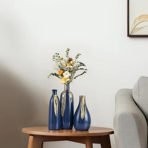 Miniatura 7 de Juego de 3 jarrones azul y dorado, jarrones modernos decorativos de cerámica para sala de estar, recámara, decoración de arte, chimenea, decoración