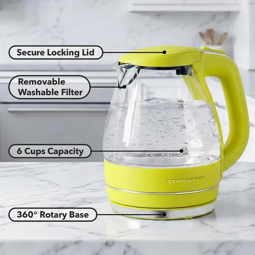 Miniatura 3 de Ovente Tetera de 1.5 litros libre de BPA, cristal, inalámbrica, eléctrica Verde