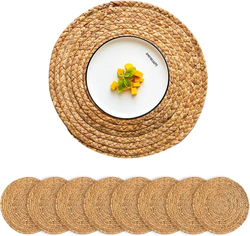 Miniatura 13 de Juego de 6 manteles individuales redondos tejidos con 6 posavasos, manteles individuales de jacinto de agua natural, manteles individuales de ratán