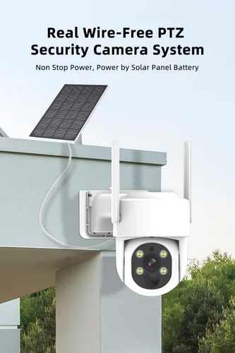 PTZ - Cámara de seguridad inalámbrica para exteriores, alimentada por energía solar, cámara de seguridad Pan Tilt 360, impermeable, audio