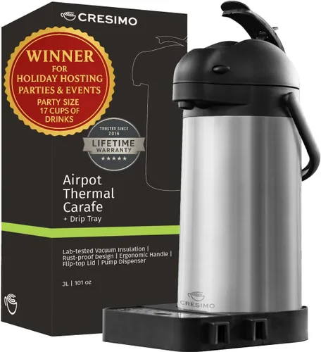 Dispensador de café Airpot con bomba y bandeja - Jarra de café de 102 oz/3L con bomba - Dispensador de bebidas calientes de 12 horas para fiestas -