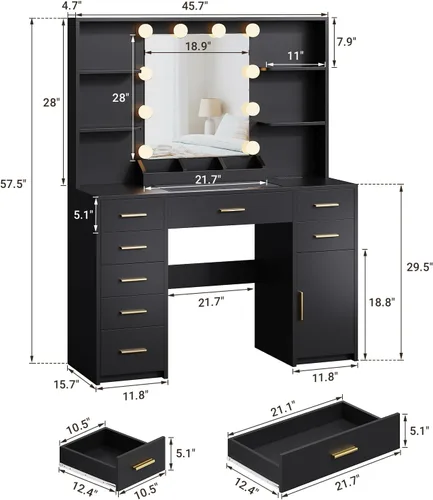 Miniatura 3 de ELYKEN Tocador Moderno con Espejo y Luces, Mesa de Maquillaje con Tablero de Vidrio y Enchufe Eléctrico, Tocador con 6 Estantes de Almacenamiento, 8
