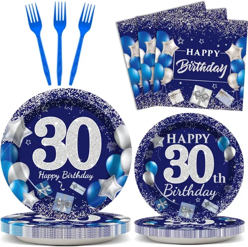 Miniatura 9 de 96 piezas de suministros para fiesta de cumpleaños número 50: platos azul marino y plateado, servilletas, tenedores y decoraciones de mesa para 24
