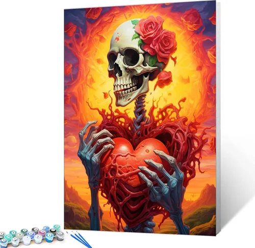 Miniatura 11 de Tucocoo Pintura de calavera de corazón por números para adultos, diseño de flores trippy, pintura por número para adultos principiantes, pintura