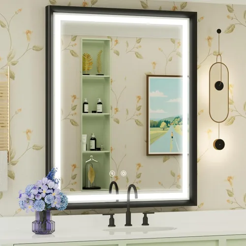 Miniatura 11 de Espejo LED de 24 x 32 pulgadas para baño, 3 temperaturas de color (3000 K/4500 K/6000 K), antiniebla, regulable, función de memoria, espejo de baño
