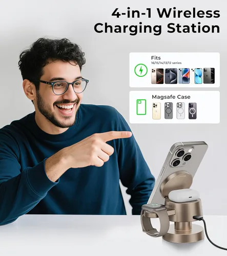 Miniatura 5 de Estación de carga inalámbrica 4 en 1, estación de carga inalámbrica magnética de 15 W con certificación Qi2 con luz nocturna para iPhone