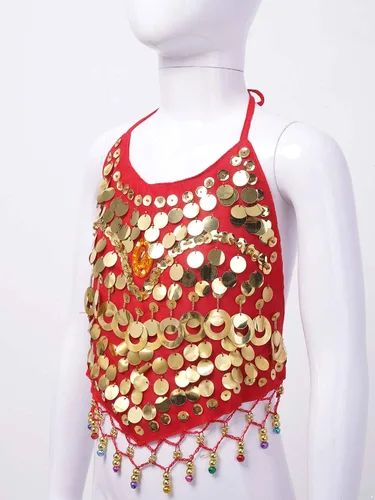 Miniatura 4 de Disfraz de baile del vientre para niñas, con lentejuelas, con borla, halter, vendaje, para escenario