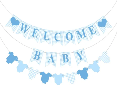 Miniatura 16 de Hahafelt 1 pieza de pancarta azul de gingham para bebé niño para decoraciones de fiesta Azul preencordada Baby shower, es un niño, pancarta de papel