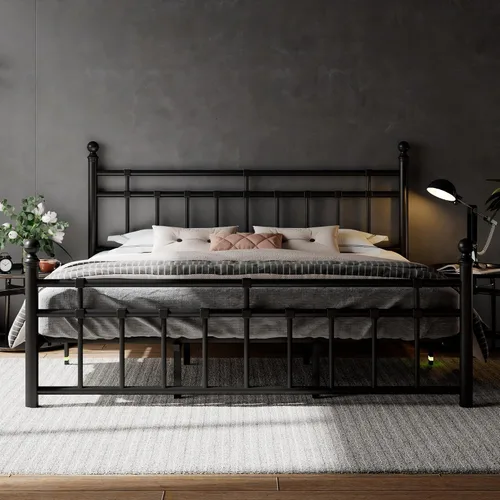 Miniatura 8 de Feonase Base de cama de plataforma de metal de tamaño matrimonial con cabecero y estribo clásico victoriano, listones resistentes, almacenamiento
