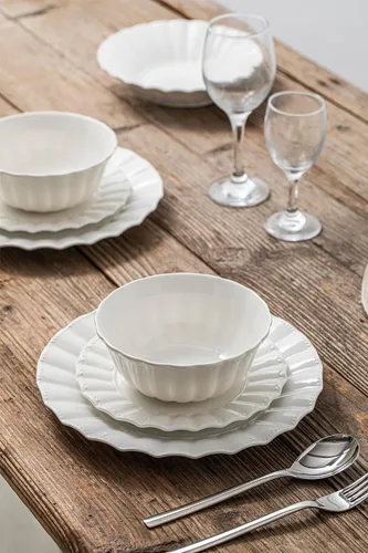 Miniatura 5 de HOMBENE Juego de vajilla, 12 piezas de platos y tazones para 4, juego de vajilla moderno de cerámica para fiesta, juego de vajilla de porcelana