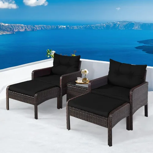 Miniatura 2 de HAPPYGRILL Juego de muebles de patio de 5 piezas para exteriores, juego de conversación de mimbre de ratán con mesa auxiliar, sofás acolchados