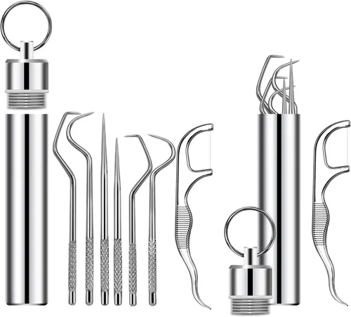Miniatura 9 de Juego de 12 palillos de dientes de metal reutilizables de acero inoxidable con soporte para picnic al aire libre, camping, viajes, suministros