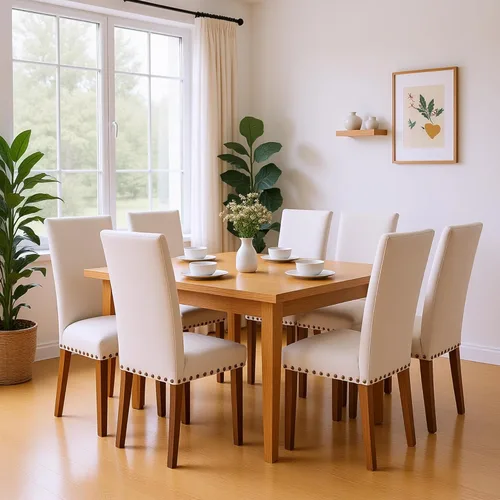 Miniatura 7 de Juego de 6 sillas de comedor tapizadas color beige - Sillas de cocina estilo granja con respaldo alto, patas de madera de caucho maciza, asiento