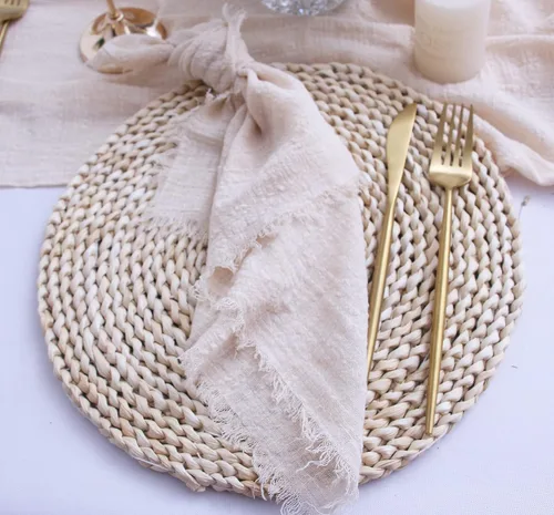 Miniatura 5 de Servilletas de tela con juego de 6 servilletas de gasa con flecos, 100% algodón natural suave, servilletas lavables, ideales para bodas