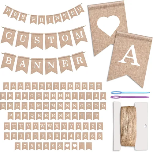 Kit de pancartas personalizadas, 97 banderas de arpillera, letras y números preimpresos blancos, cuerda y aguja de 120 pies, pancarta personalizada