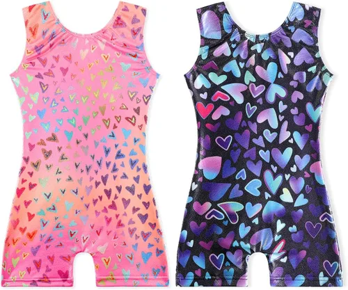EQSJIU 2 Packs Gymnastics Leotards with Shorts for Girls Unicorn Rainbow Flower Sparkly Gradient Colors Biketards 1-10 Years