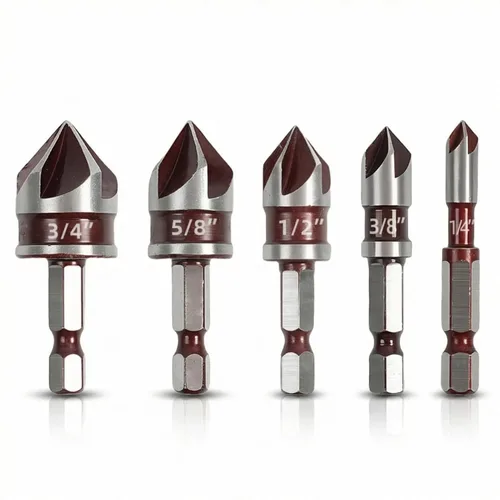 Miniatura 9 de Juego de 5 brocas avellanadoras de 82 grados HSS 5 flautas para fregadero, tamaño de 1/4 a 3/4 pulgadas con vástago hexagonal de 1/4 pulgadas