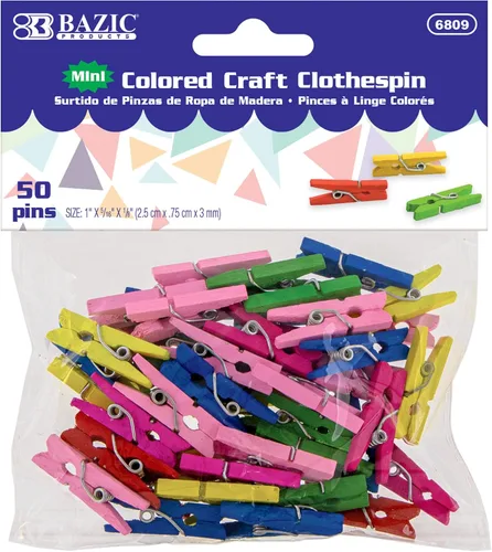 BAZIC Products Pinzas para ropa de madera de colores, clips de fotos de madera no tóxicas para decoración de manualidades (50/paquete), 1 paquete