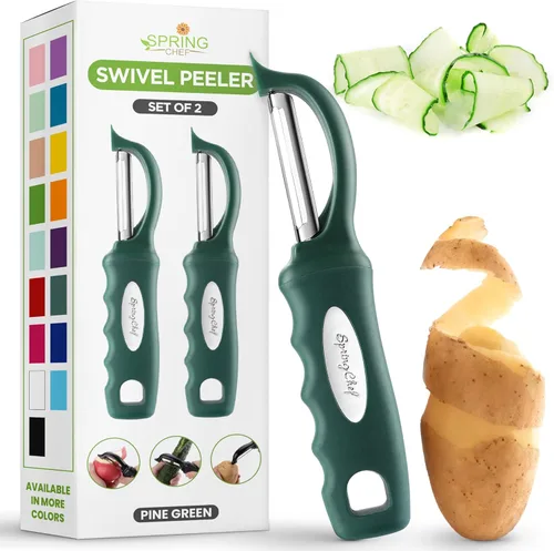 Miniatura 40 de Spring Chef Pelador de verduras giratorio profesional rojo para cocina, peladores de papas de acero inoxidable con mango de agarre suave, perfecto