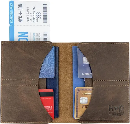 Miniatura 4 de Hide & Drink, Organizador de pasaporte doble de cuero hecho a mano de cuero de grano completo, Bourbon Marrón, Cartera de viaje
